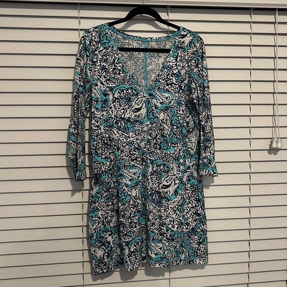 Lilly Pulitzer long sleeve dress dark blue light, blue, and white